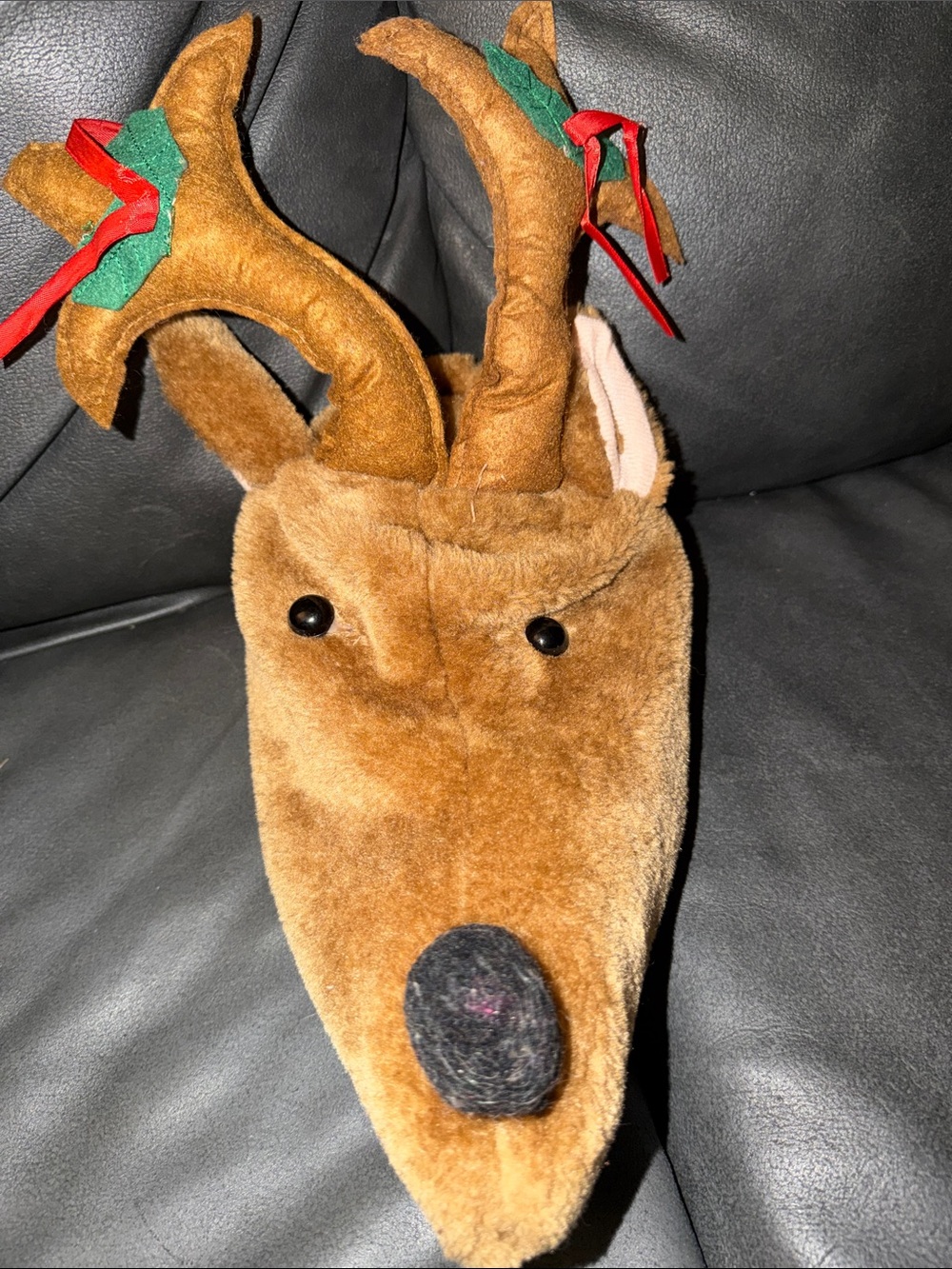 Xmas Santa hat costume Plush Reindeer Head Bag with Antlers and Holiday Bows